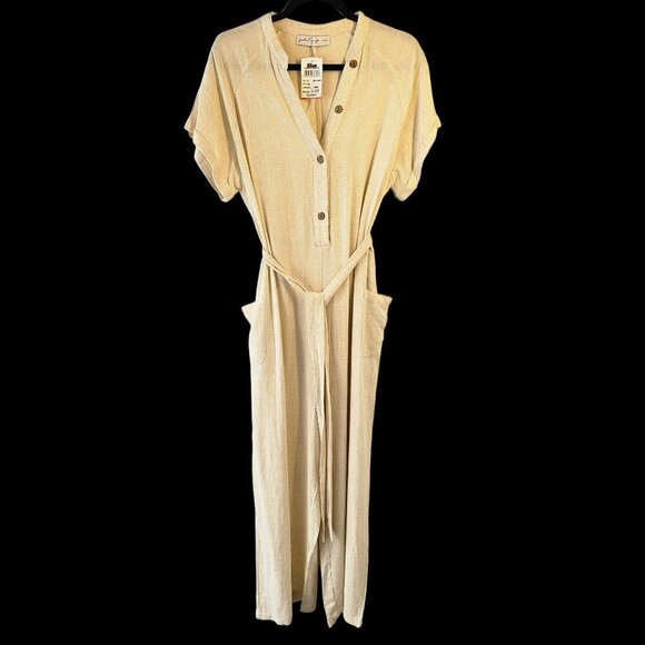 Petal + Pup Ivory Linen Crop Wide Leg Jumpsuit Women L Button Up Short Slv NWT - Picture 4 of 8